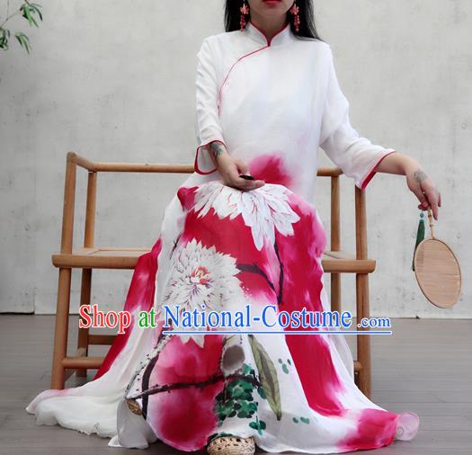 Chinese Female Costume National Printing Red Loose Cheongsam Traditional Ink Painting Lotus Qipao Dress