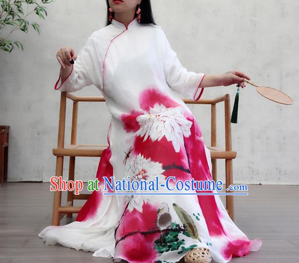 Chinese Female Costume National Printing Red Loose Cheongsam Traditional Ink Painting Lotus Qipao Dress