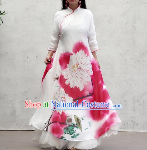 Chinese Female Costume National Printing Red Loose Cheongsam Traditional Ink Painting Lotus Qipao Dress