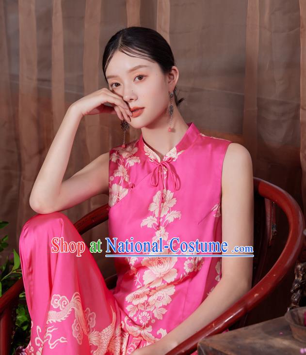 China National Printing Peony Vest Traditional Tang Suit Upper Outer Garment Pink Satin Waistcoat Clothing