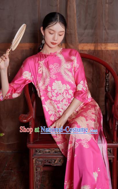 Chinese National Tang Suit Cheongsam Costume Traditional Printing Phoenix Pink Satin Qipao Dress