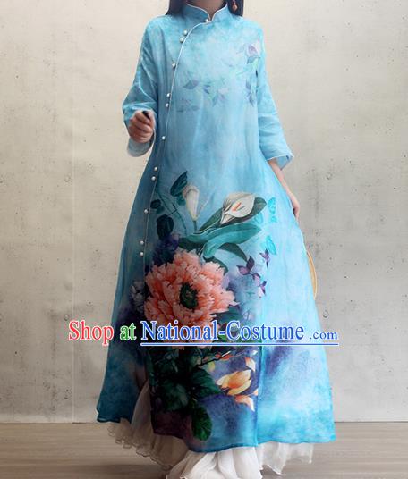 Chinese Traditional Stand Collar Qipao Dress Woman Costume National Printing Peony Blue Cheongsam