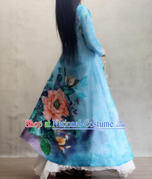 Chinese Traditional Stand Collar Qipao Dress Woman Costume National Printing Peony Blue Cheongsam