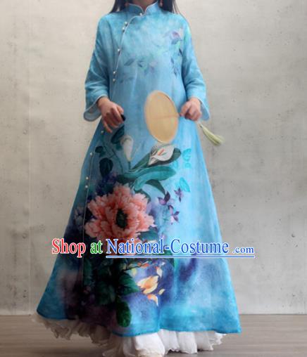 Chinese Traditional Stand Collar Qipao Dress Woman Costume National Printing Peony Blue Cheongsam