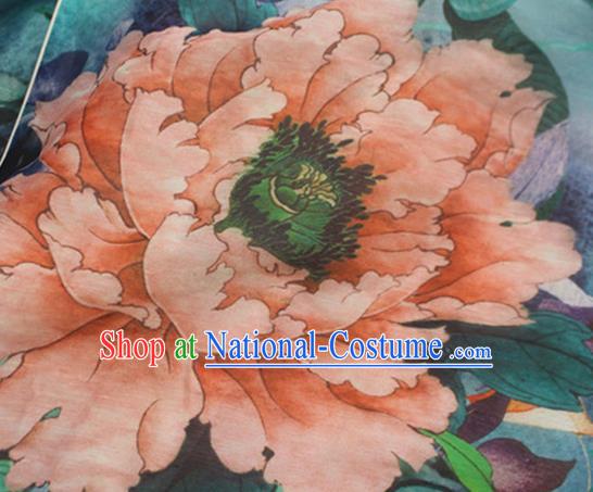 Chinese Traditional Stand Collar Qipao Dress Woman Costume National Printing Peony Blue Cheongsam