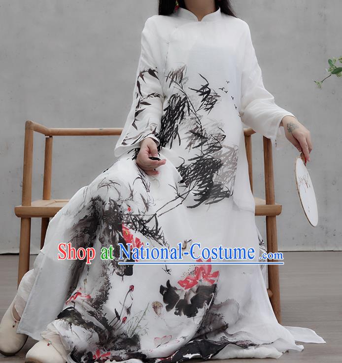 Chinese Traditional Ink Painting Bamboo Lotus Qipao Dress Woman Costume National Tang Suit White Cheongsam