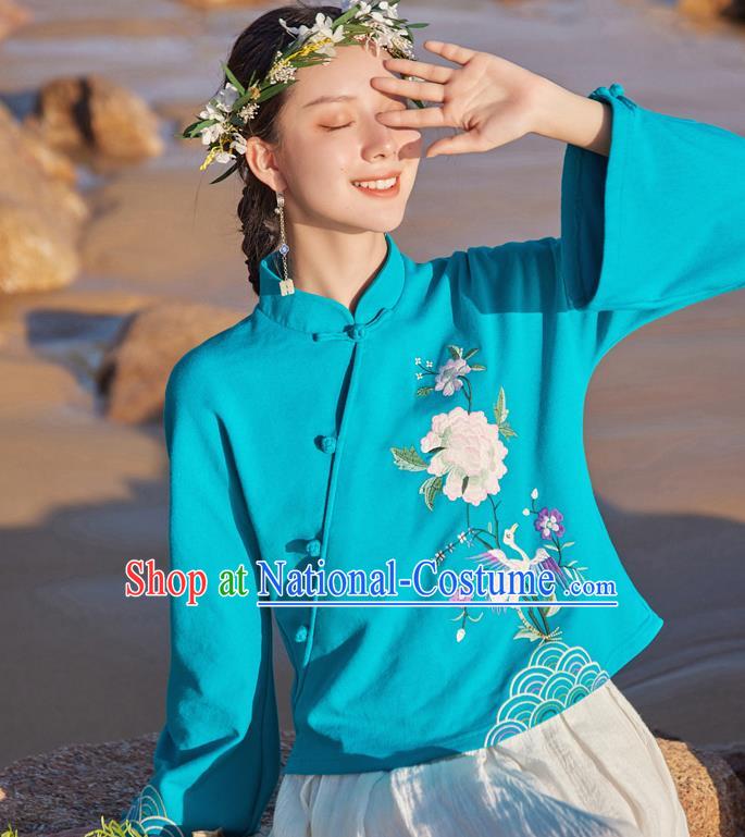 Chinese Traditional National Woman Shirt Costume Tang Suit Embroidered Blue Blouse