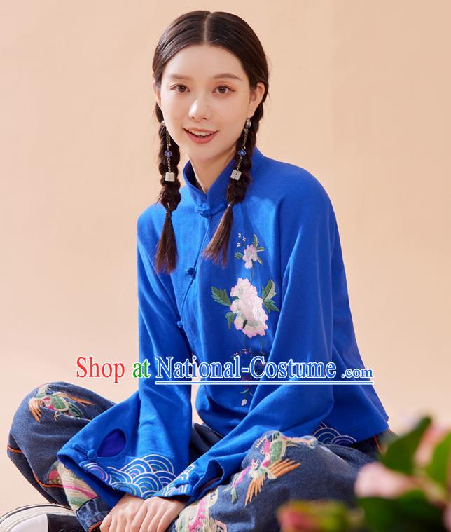 Chinese Tang Suit Embroidered Royalblue Blouse National Woman Shirt Traditional Costume