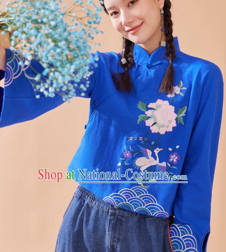 Chinese Tang Suit Embroidered Royalblue Blouse National Woman Shirt Traditional Costume