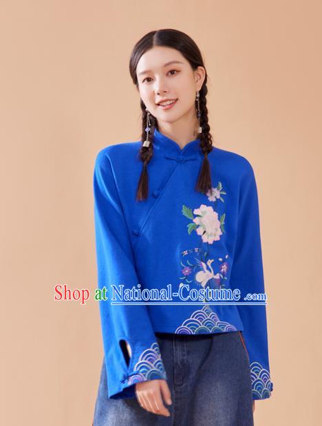 Chinese Tang Suit Embroidered Royalblue Blouse National Woman Shirt Traditional Costume