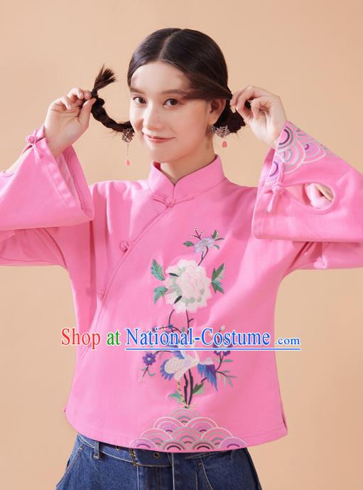 Chinese Traditional Costume Embroidered Pink Blouse National Woman Tang Suit Shirt