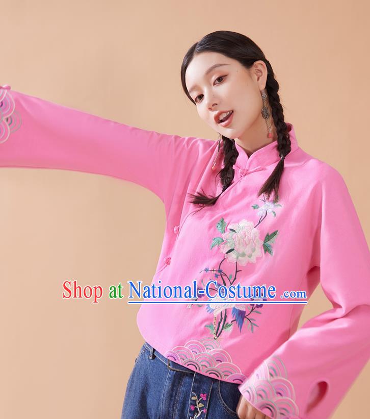 Chinese Traditional Costume Embroidered Pink Blouse National Woman Tang Suit Shirt