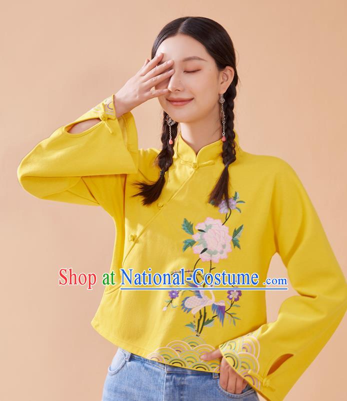 Chinese National Woman Tang Suit Shirt Traditional Costume Embroidered Yellow Blouse