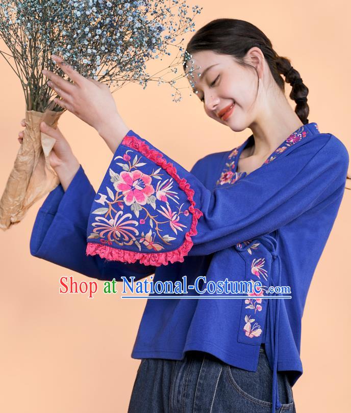 Chinese Embroidered Outer Garment National Tang Suit Deep Blue Jacket Traditional Woman Costume