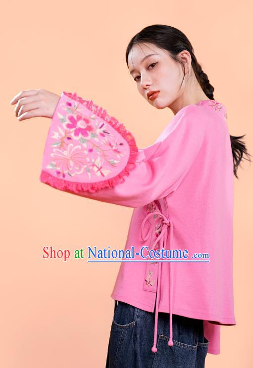 Chinese Traditional Woman Costume Embroidered Outer Garment National Tang Suit Pink Jacket