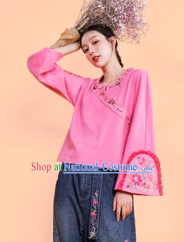 Chinese Traditional Woman Costume Embroidered Outer Garment National Tang Suit Pink Jacket