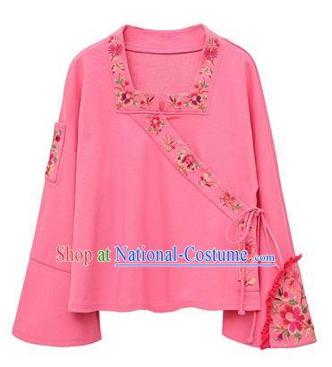 Chinese Traditional Woman Costume Embroidered Outer Garment National Tang Suit Pink Jacket