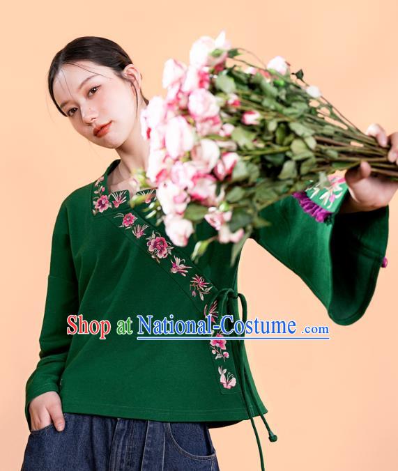 Chinese Traditional National Woman Costume Tang Suit Outer Garment Embroidered Deep Green Jacket