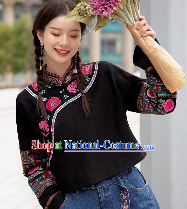 Chinese Traditional National Outer Garment Costume Tang Suit Embroidered Black Jacket