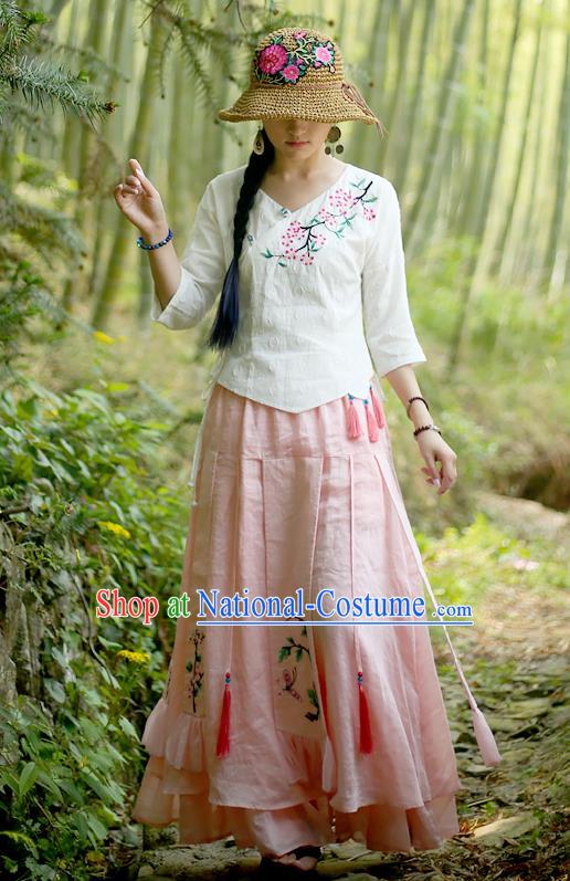 Chinese Embroidered Pink Flax Bust Skirt Traditional National Skirt Li Ziqi Costume