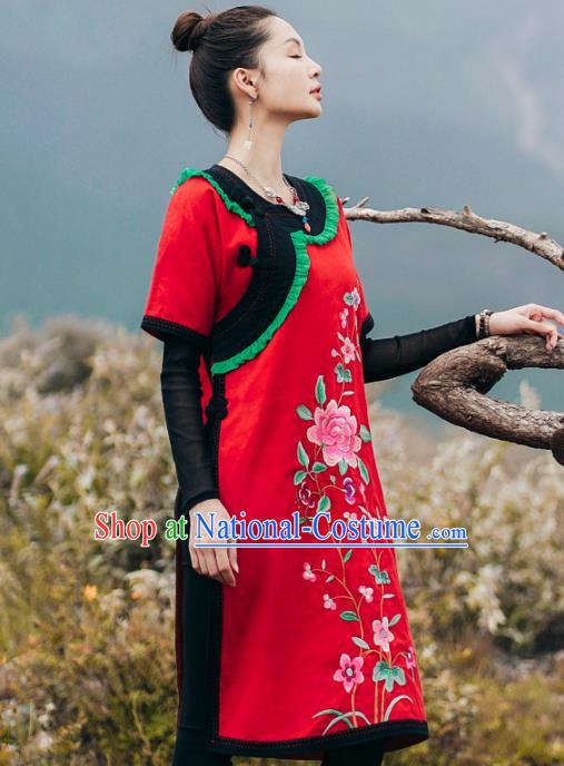 Chinese Traditional National Woman Costume Tang Suit Embroidered Red Long Shirt