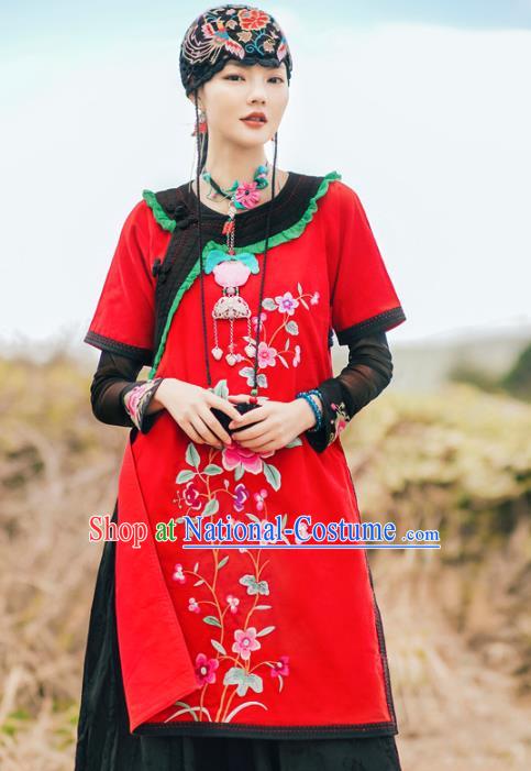 Chinese Traditional National Woman Costume Tang Suit Embroidered Red Long Shirt