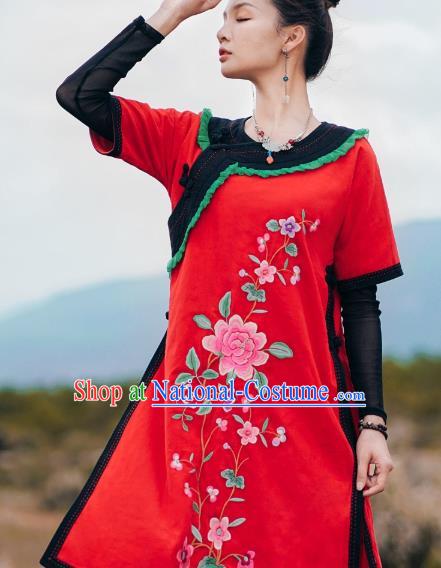 Chinese Traditional National Woman Costume Tang Suit Embroidered Red Long Shirt