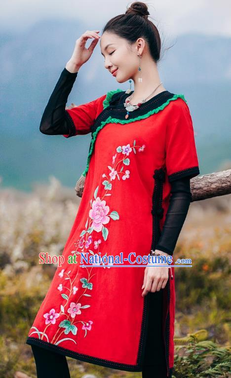 Chinese Traditional National Woman Costume Tang Suit Embroidered Red Long Shirt