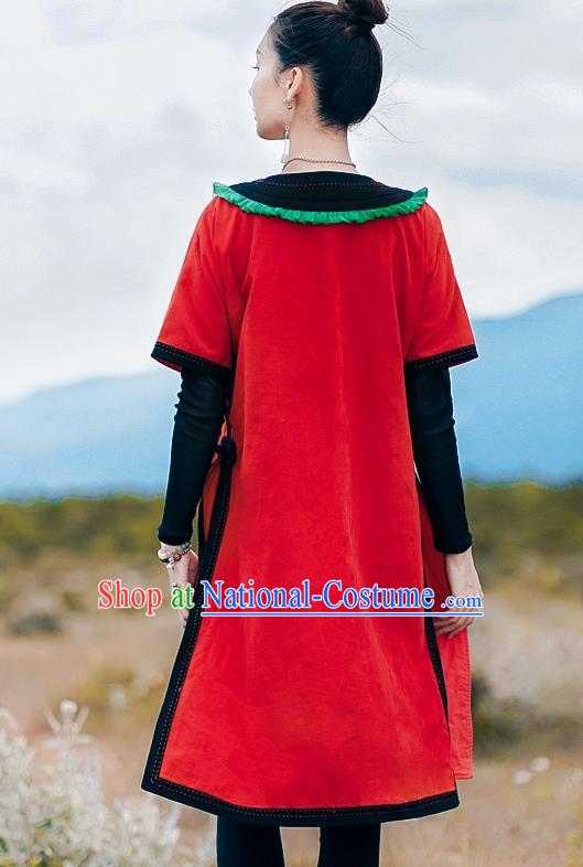 Chinese Traditional National Woman Costume Tang Suit Embroidered Red Long Shirt