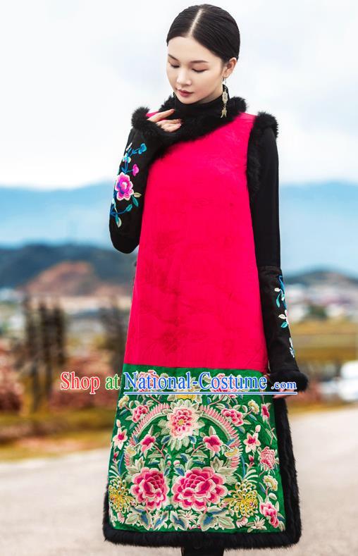 Chinese Embroidered Cotton Wadded Red Qipao Dress Traditional National Winter Cheongsam Costume