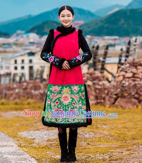 Chinese Embroidered Cotton Wadded Red Qipao Dress Traditional National Winter Cheongsam Costume