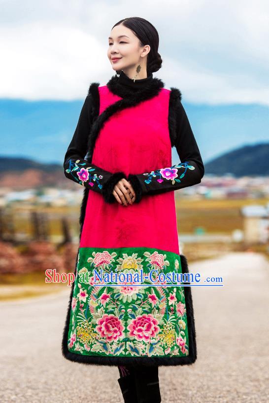 Chinese Embroidered Cotton Wadded Red Qipao Dress Traditional National Winter Cheongsam Costume