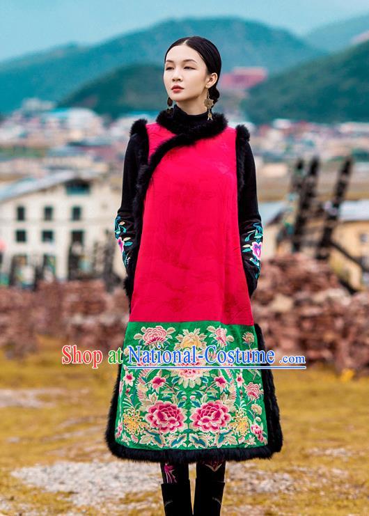 Chinese Embroidered Cotton Wadded Red Qipao Dress Traditional National Winter Cheongsam Costume