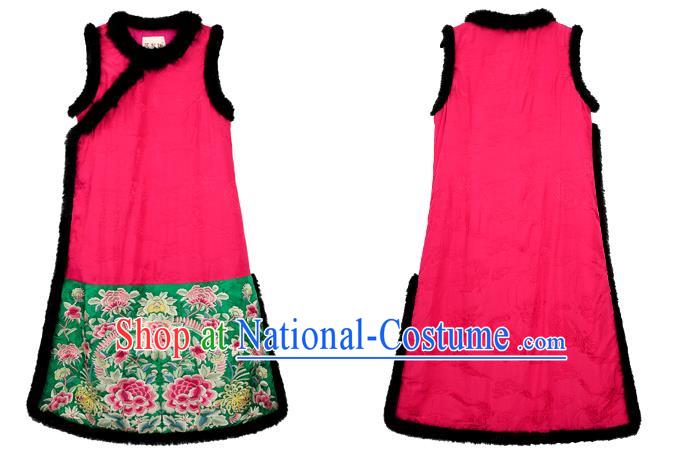 Chinese Embroidered Cotton Wadded Red Qipao Dress Traditional National Winter Cheongsam Costume