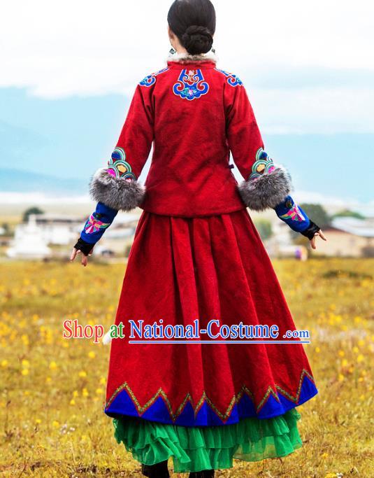 Chinese National Woman Skirt Costume Traditional Embroidered Red Bust Skirt