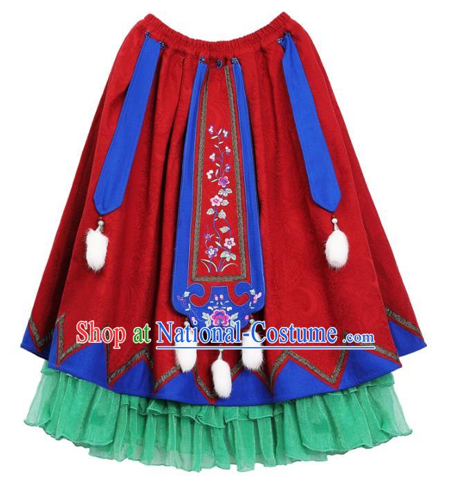 Chinese National Woman Skirt Costume Traditional Embroidered Red Bust Skirt