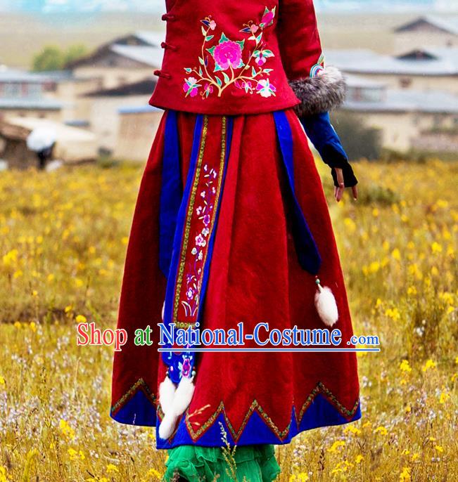 Chinese National Woman Skirt Costume Traditional Embroidered Red Bust Skirt