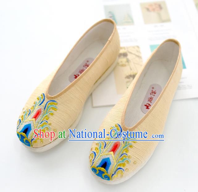 China Traditional Folk Dance Shoes Handmade National Woman Shoes Embroidered Yellow Cloth Shoes