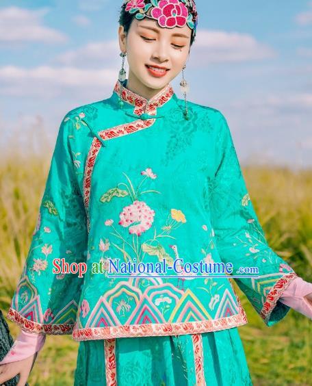 Chinese Traditional Woman Outer Garment Costume Tang Suit Embroidered Green Jacket