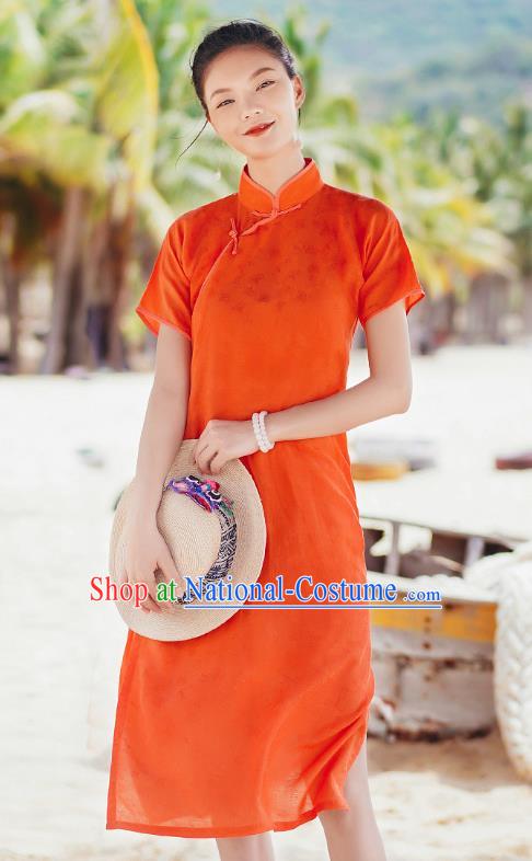 Chinese Traditional Young Lady Orange Qipao Dress National Stand Collar Cheongsam Costume