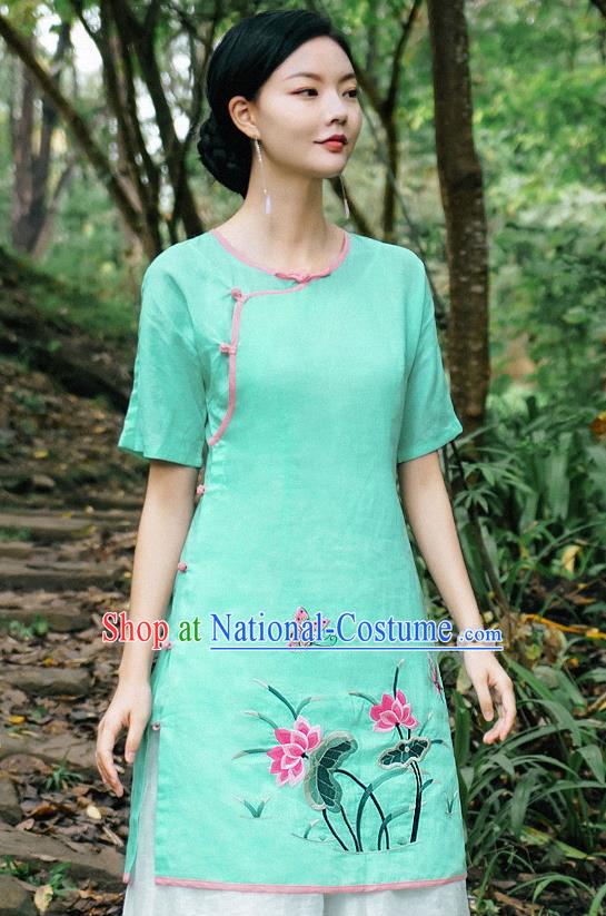 China National Woman Shirt Clothing Tang Suit Upper Outer Garment Traditional Embroidered Lotus Green Blouse