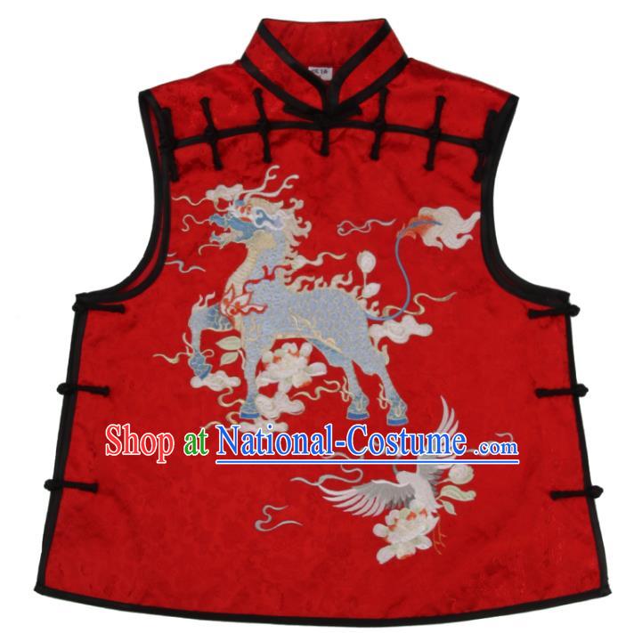 Chinese National Embroidered Kylin Red Brocade Waistcoat Tang Suit Vest Costume Traditional Woman Top Garment