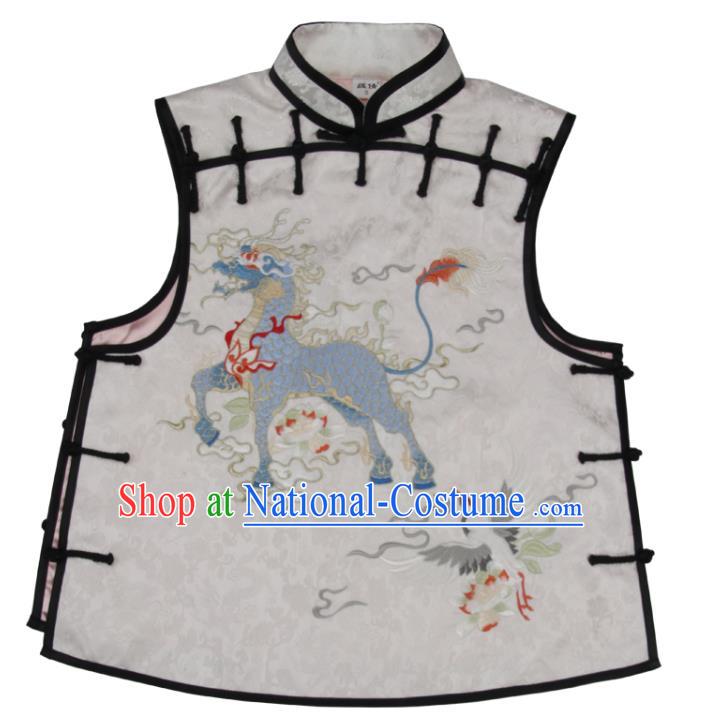 Chinese National Woman Vest Costume Embroidered Kylin White Brocade Waistcoat Traditional Tang Suit Top Garment