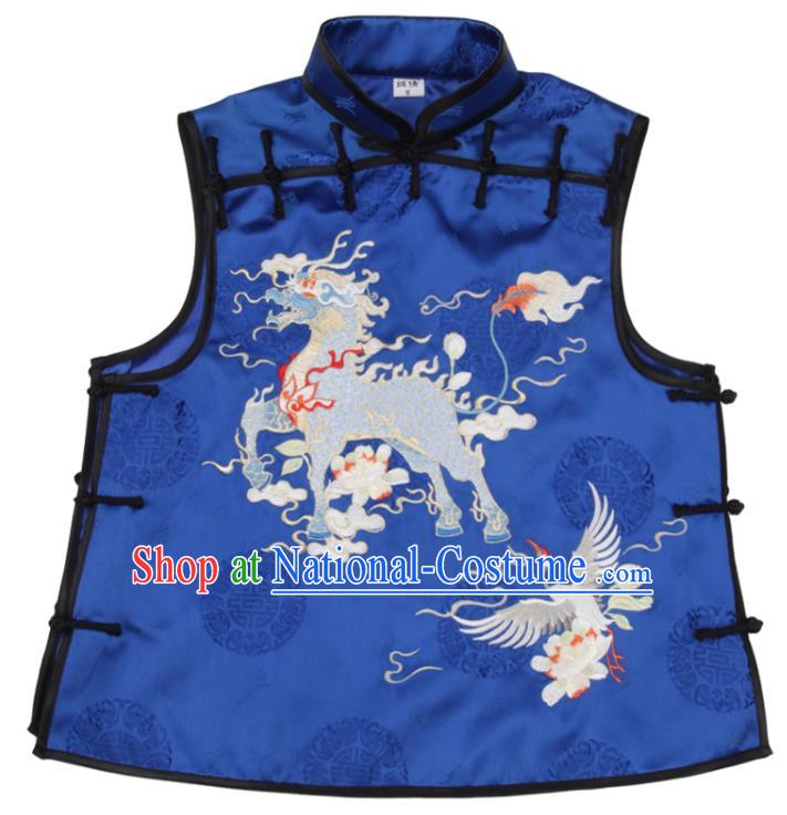 Chinese Traditional Tang Suit Top Garment National Woman Vest Costume Embroidered Kylin Royalblue Brocade Waistcoat