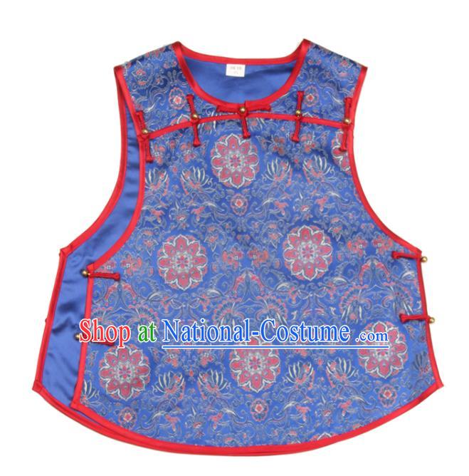 Chinese Traditional Top Garment National Woman Vest Costume Tang Suit Blue Brocade Waistcoat