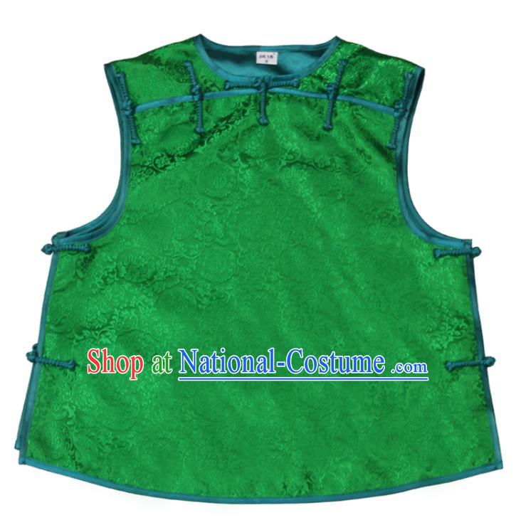 Chinese National Woman Vest Costume Tang Suit Green Brocade Waistcoat Traditional Top Garment