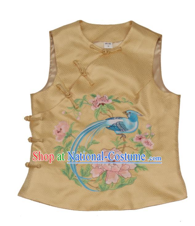 Chinese Tang Suit Embroidered Peony Bird Waistcoat Traditional Top Garment National Woman Golden Brocade Vest Costume