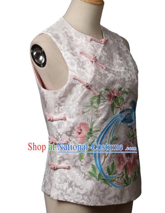 Chinese Traditional Top Garment National Woman White Brocade Vest Costume Tang Suit Embroidered Peony Bird Waistcoat