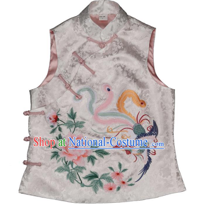 Chinese National Woman Vest Costume Tang Suit Embroidered Phoenix Peony Waistcoat Traditional White Brocade Top Garment