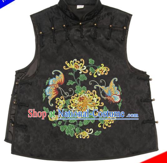 Chinese Traditional Black Brocade Top Garment National Woman Vest Costume Tang Suit Embroidered Chrysanthemum Waistcoat